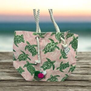 Pink and Green Turtle Print Tote Bag
